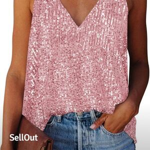 Women's Pink Sequin V-Neck Halter Camisole Tank Top SMALL